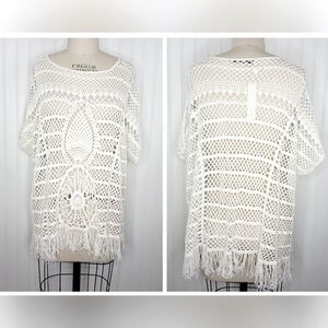 Trina Turk Crochet knit Top Ivory  Fringe‎ Short Sleeve 100% Pima Cotton M/L